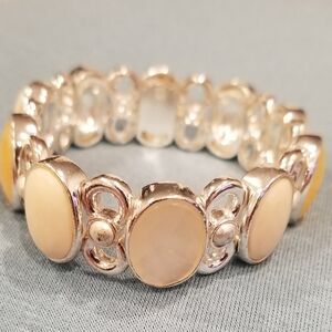 Vintage Liz Claiborne Yellow Cream Cabochon Panel Stretch Bracelet Signed LC